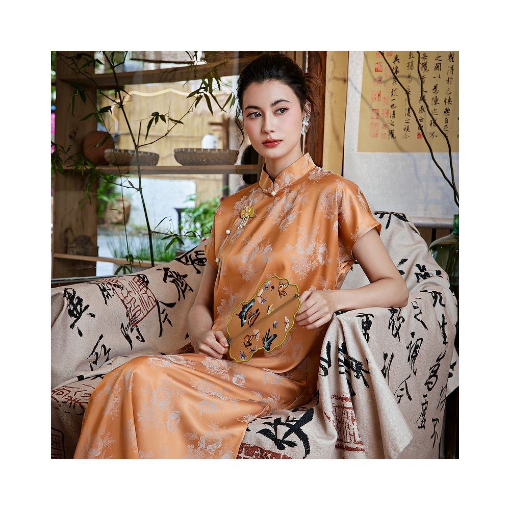 Mo Yu Shuxia Chinese style retro improved jacquard satin dartless cheongsam new Chinese style elegant daily dress image 3