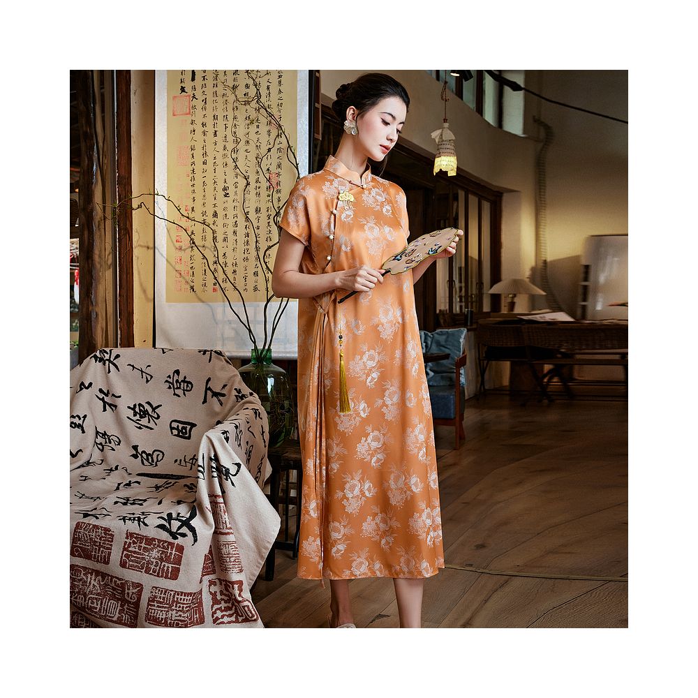 Mo Yu Shuxia Chinese style retro improved jacquard satin dartless cheongsam new Chinese style elegant daily dress image 4