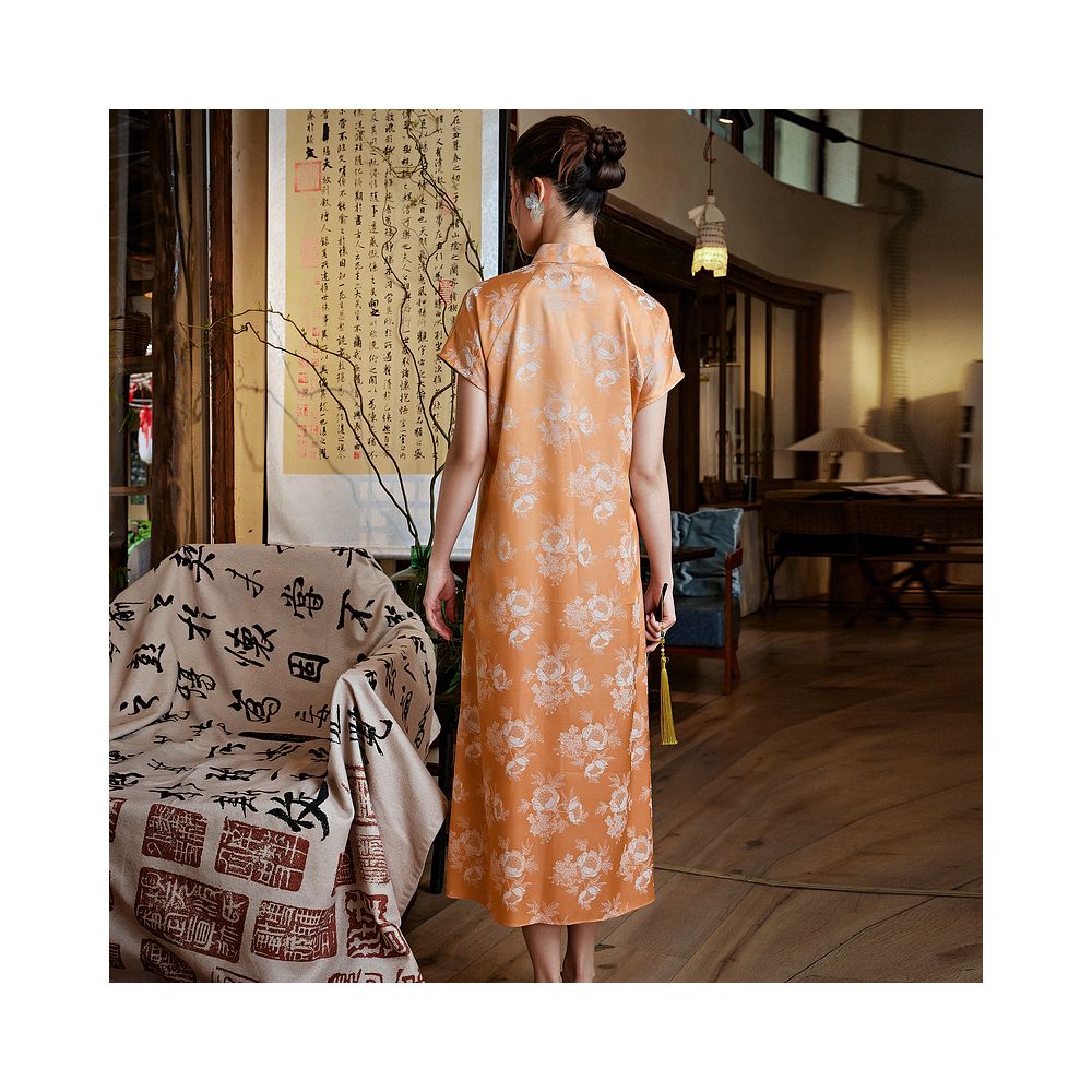 Mo Yu Shuxia Chinese style retro improved jacquard satin dartless cheongsam new Chinese style elegant daily dress image 5