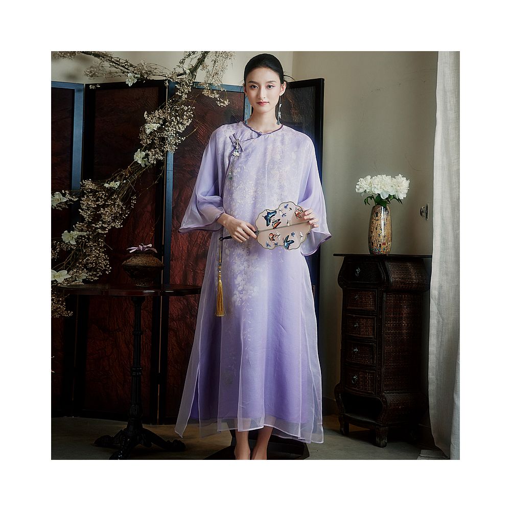 Moyu Lanzhi Chinese style 100 silk round neck plus size artistic qipao new Chinese elegant dress summer image 3