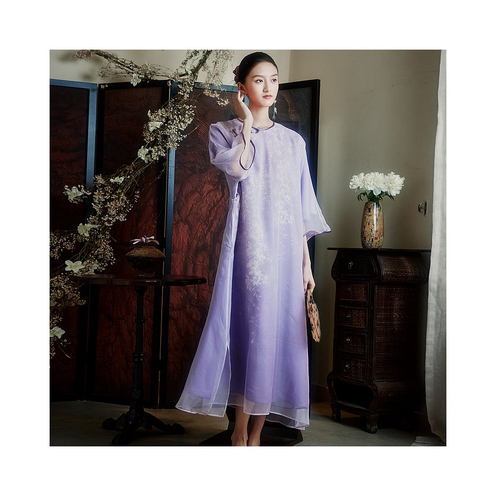 Moyu Lanzhi Chinese style 100 silk round neck plus size artistic qipao new Chinese elegant dress summer image 4