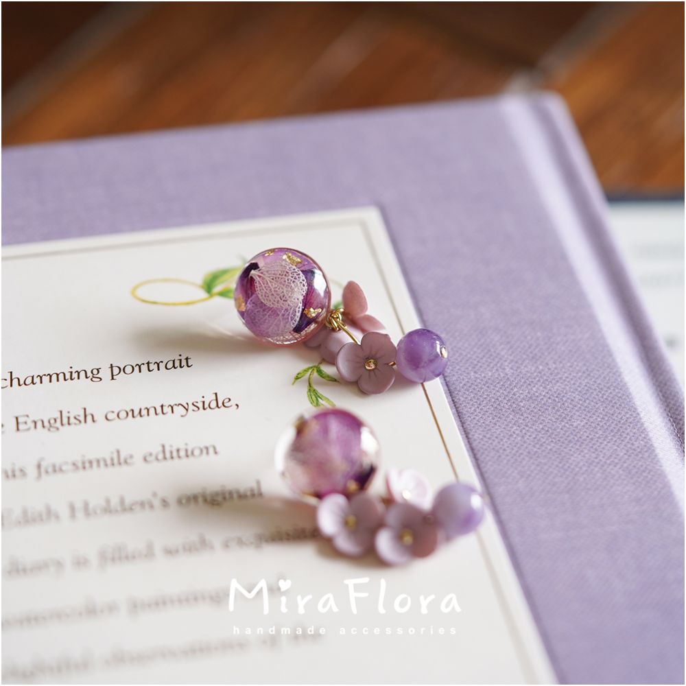 MiraFlora Original Design Amethyst Earrings Hydrangea Real Flower Petals Natural Stone Ear Clips Sterling Silver Stud Earrings image 3