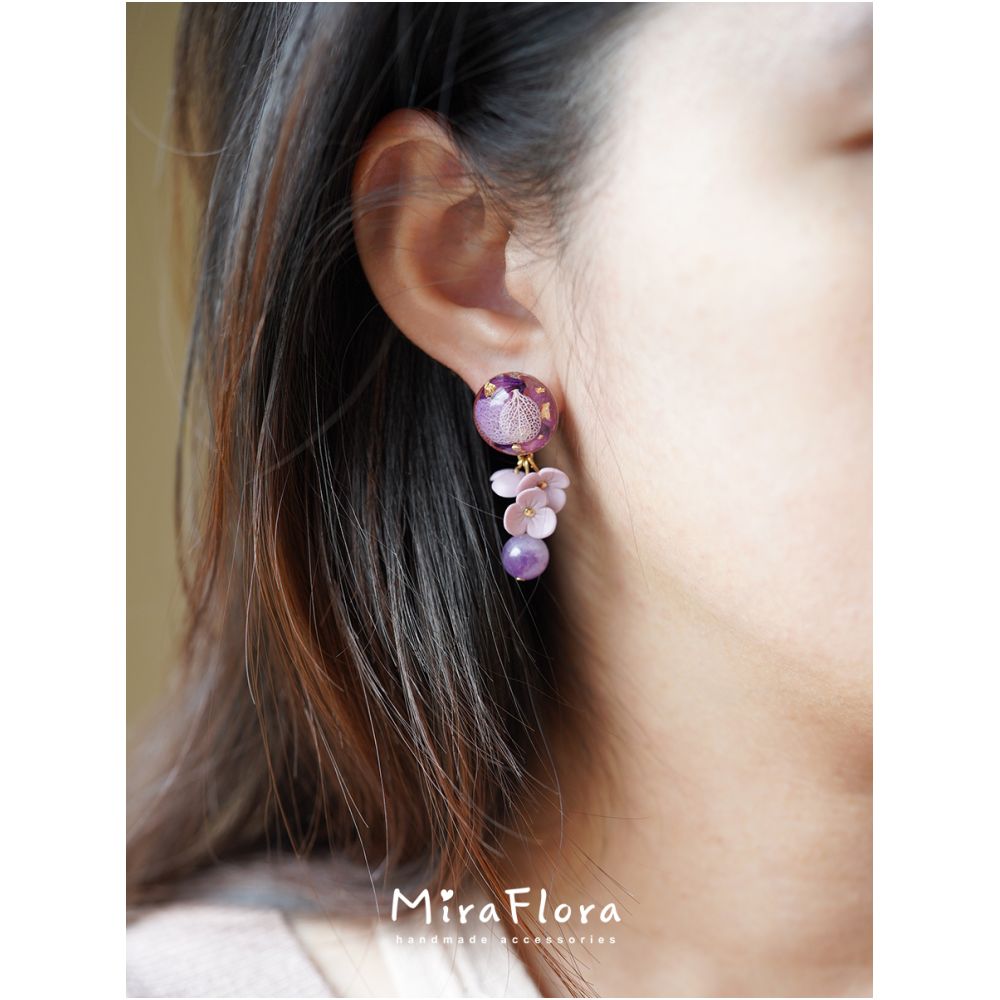 MiraFlora Original Design Amethyst Earrings Hydrangea Real Flower Petals Natural Stone Ear Clips Sterling Silver Stud Earrings image 4