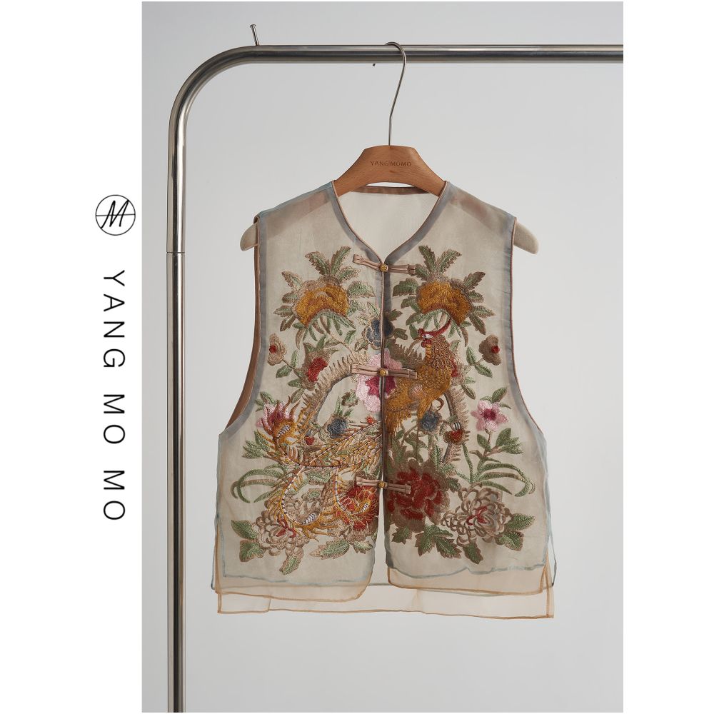 New Chinese style heavy embroidery round collar button thin waistcoat vest wide leg pants suit 2025 summer new women s clothing image 12