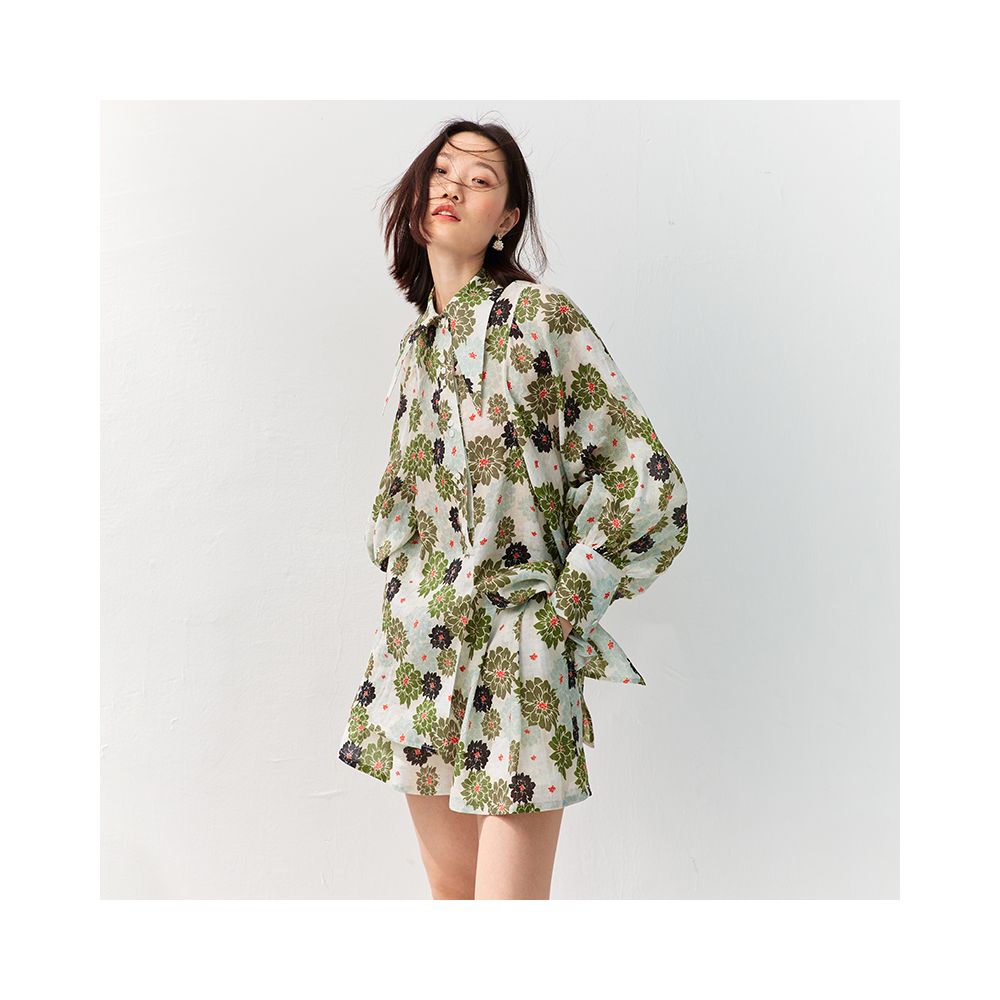 OPOF Women s Loose Shorts Set with Ramie Shirt Artistic and Printed Design Large Lantern Sleeves 2024 Spring and Summer New image 1