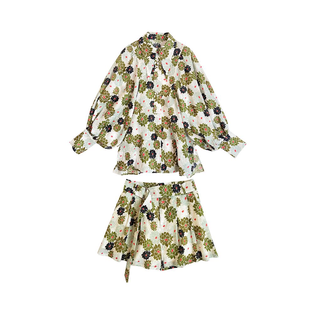 OPOF Women s Loose Shorts Set with Ramie Shirt Artistic and Printed Design Large Lantern Sleeves 2024 Spring and Summer New image 5