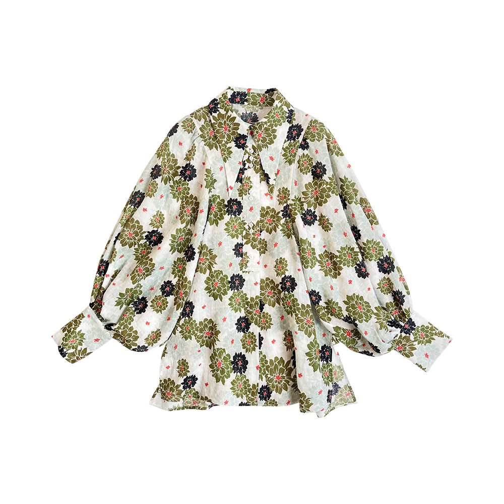 OPOF Women s Loose Shorts Set with Ramie Shirt Artistic and Printed Design Large Lantern Sleeves 2024 Spring and Summer New image 14