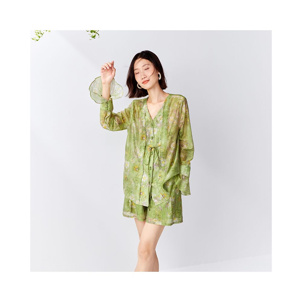 OPOF Tencel shirt women s loose shorts suit oil painting print lace up slim design 2024 spring and summer new products image 0