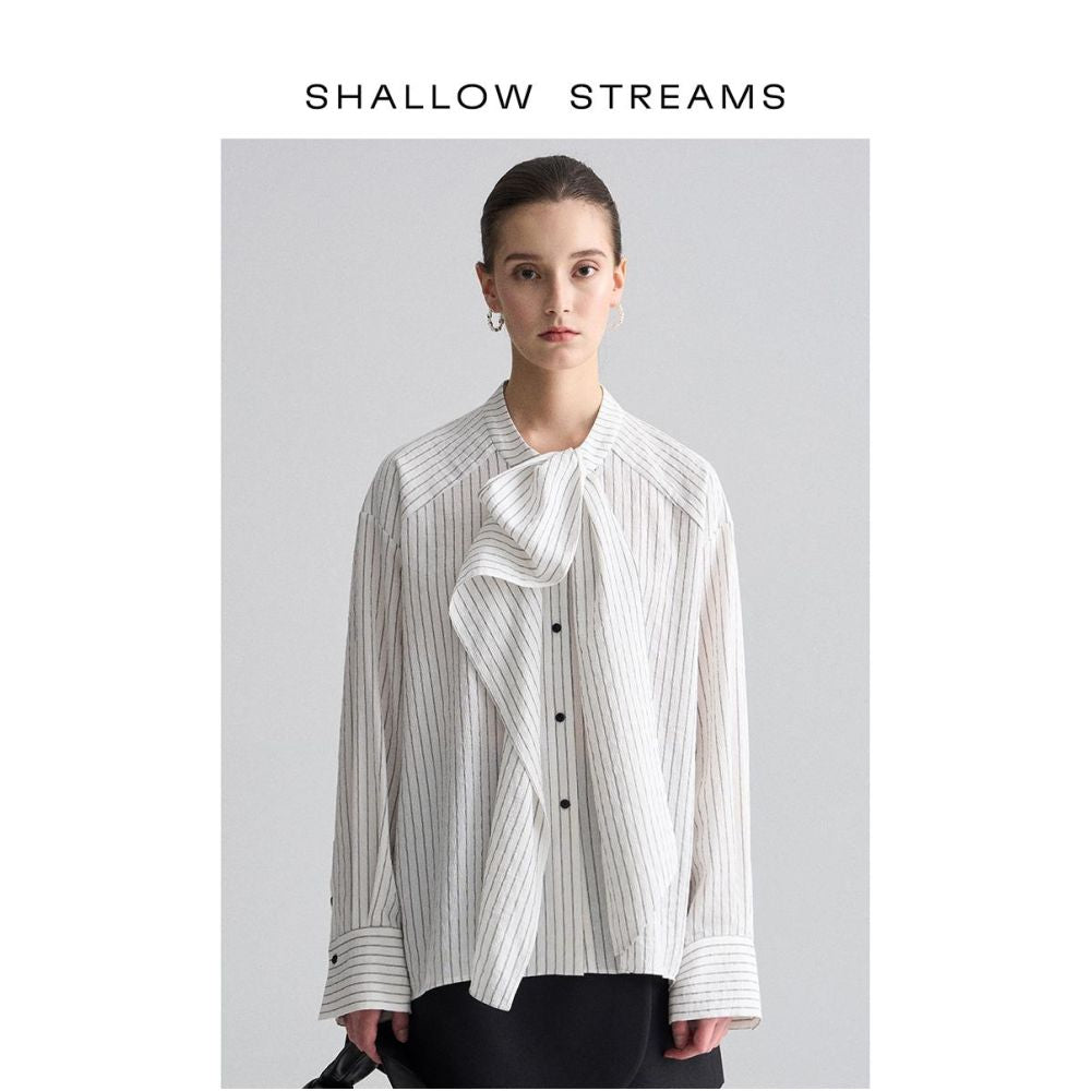 Pear vortex s sea design sense niche striped stand up collar ribbon shirt women s long sleeved western style loose chic top shirt image 2
