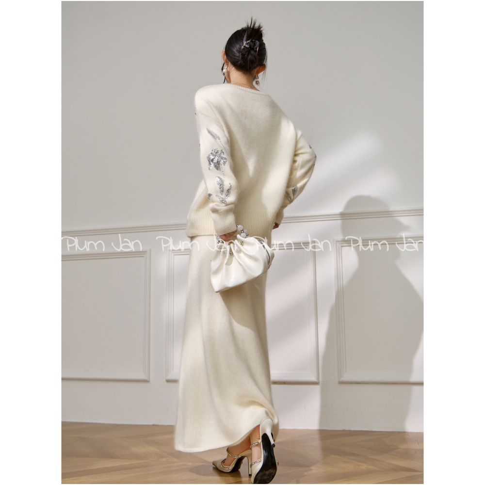 Plum Jan Early Autumn French Style Elegant Glitter Embroidered Sweater Knitwear Half Skirt Luxury Set for Women image 4