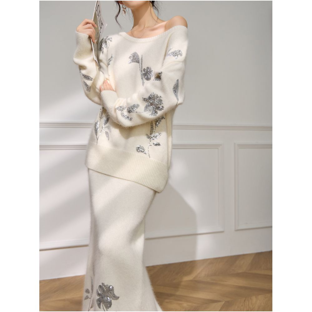 Plum Jan Early Autumn French Style Elegant Glitter Embroidered Sweater Knitwear Half Skirt Luxury Set for Women image 13