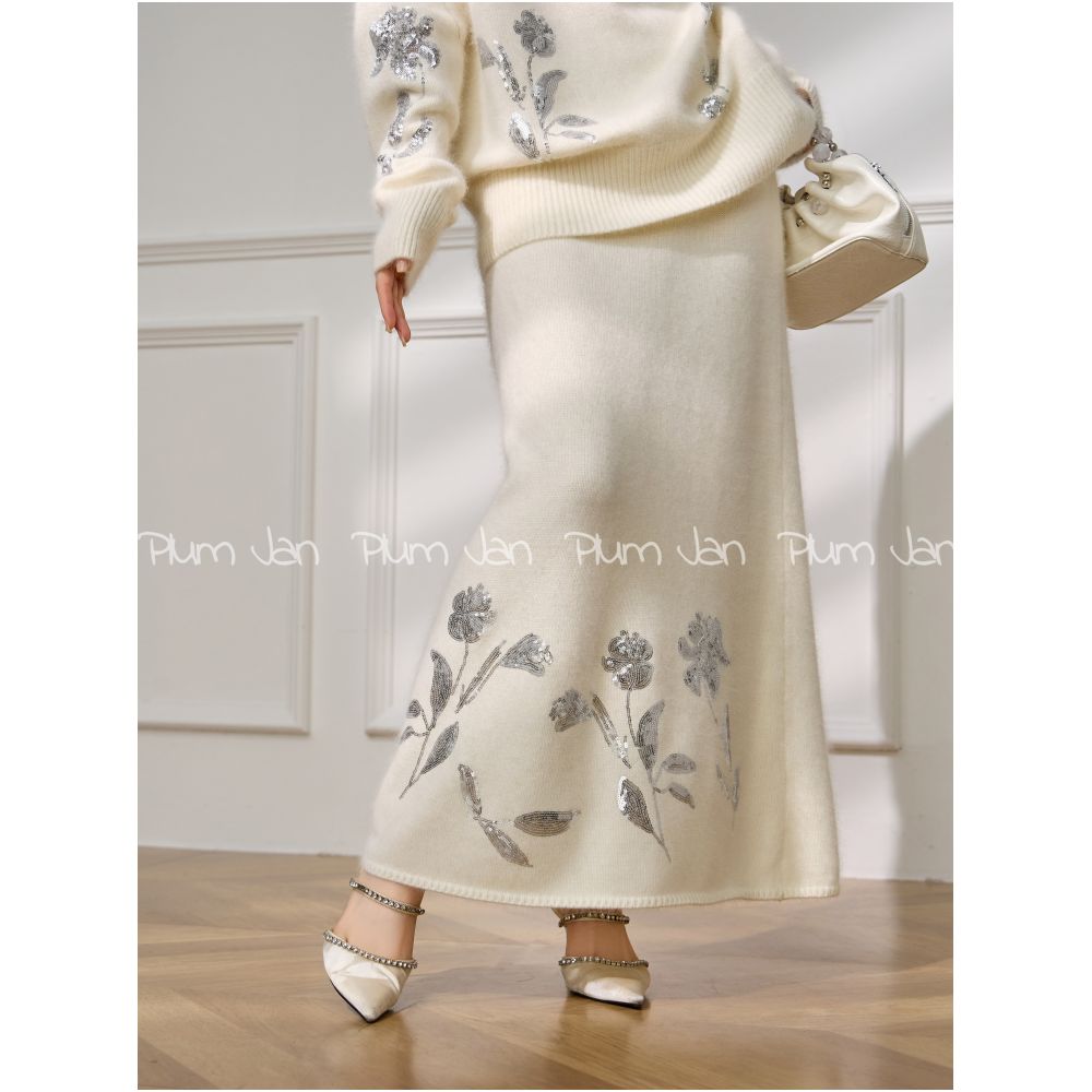 Plum Jan Early Autumn French Style Elegant Glitter Embroidered Sweater Knitwear Half Skirt Luxury Set for Women image 15
