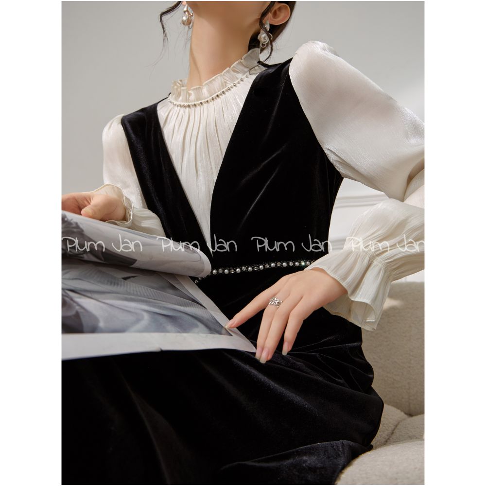 Plum Jan Light luxury fake two piece dress formal occasion wear French puff sleeve velvet temperament long dress image 2