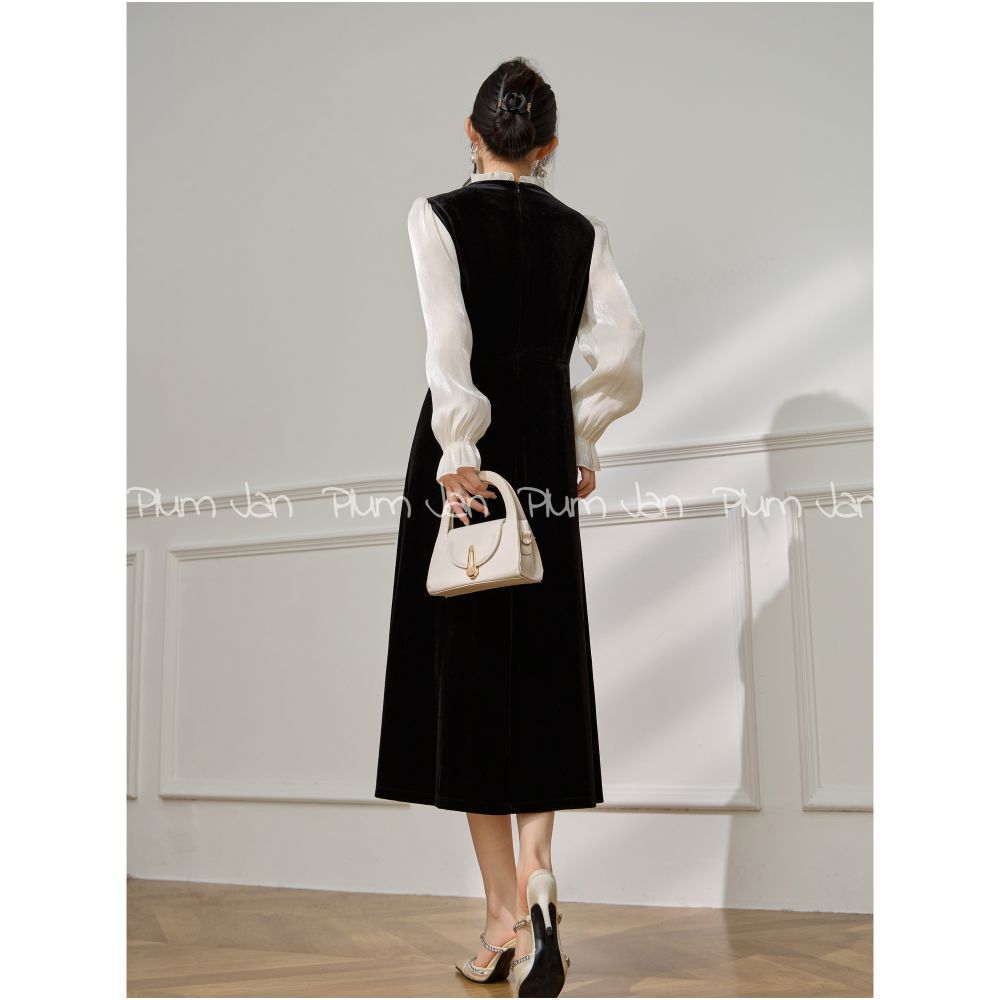 Plum Jan Light luxury fake two piece dress formal occasion wear French puff sleeve velvet temperament long dress image 4