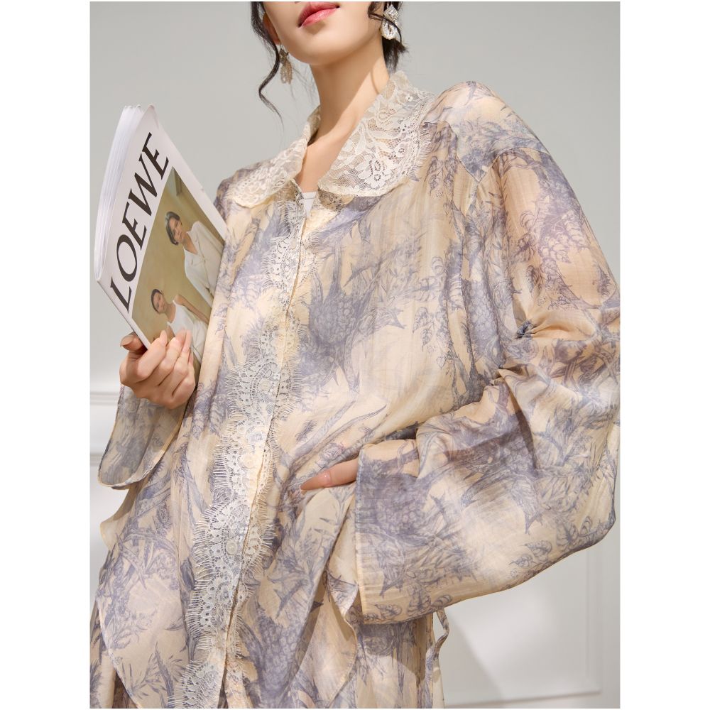 Plum Jan temperament a complete set of ootd wear lace printed shirt and skirt very beautiful early autumn suit image 5