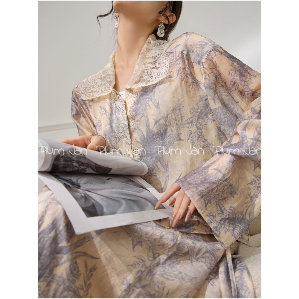 Plum Jan temperament a complete set of ootd wear lace printed shirt and skirt very beautiful early autumn suit image 7