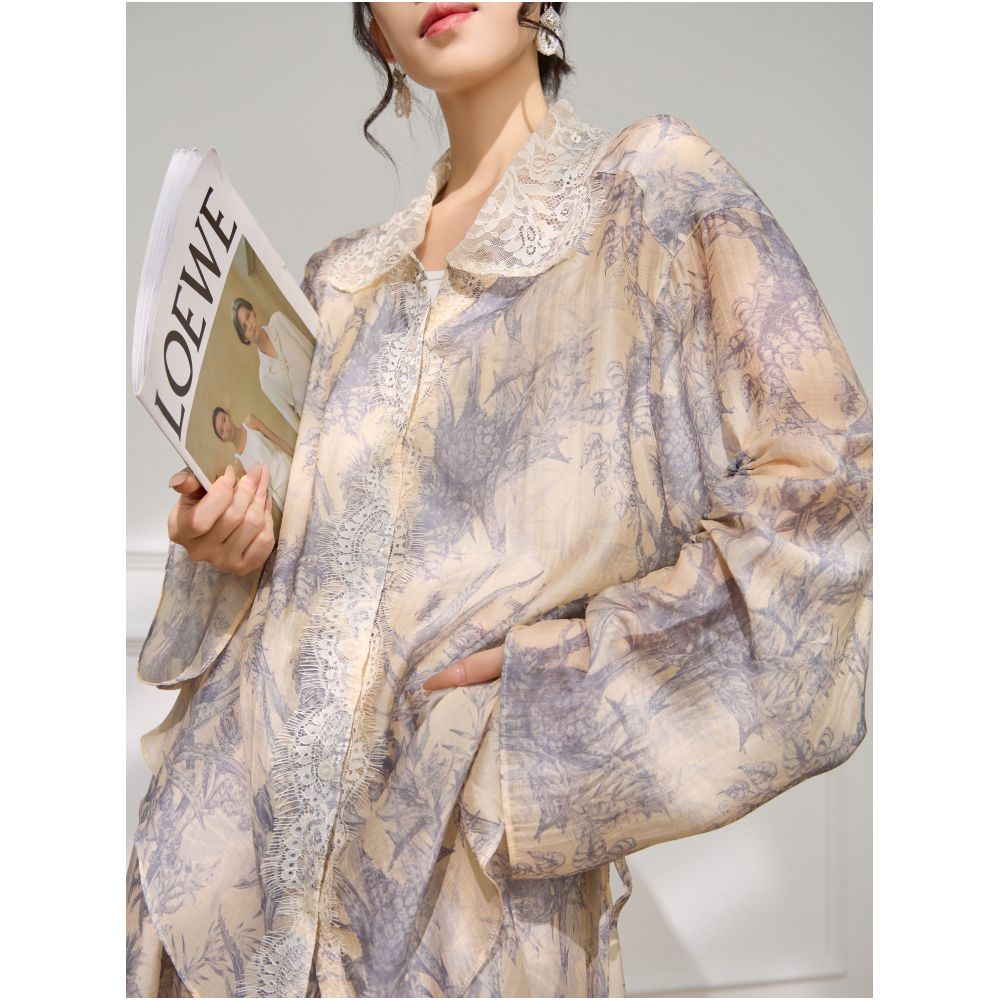 Plum Jan temperament a complete set of ootd wear lace printed shirt and skirt very beautiful early autumn suit image 8