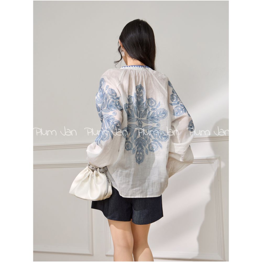 Plum Jan Retro jacquard Chinese tops early autumn new loose blue embroidered ethnic style long sleeved shirt image 4