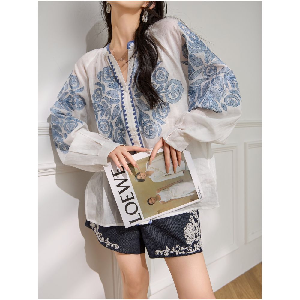 Plum Jan Retro jacquard Chinese tops early autumn new loose blue embroidered ethnic style long sleeved shirt image 5