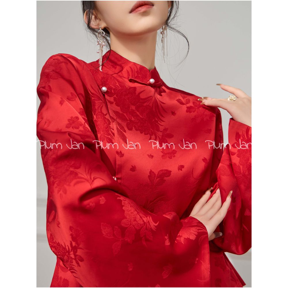 Plum Jan Unique and super beautiful red new Chinese style shirt women s engagement dress popular autumn and winter top image 3