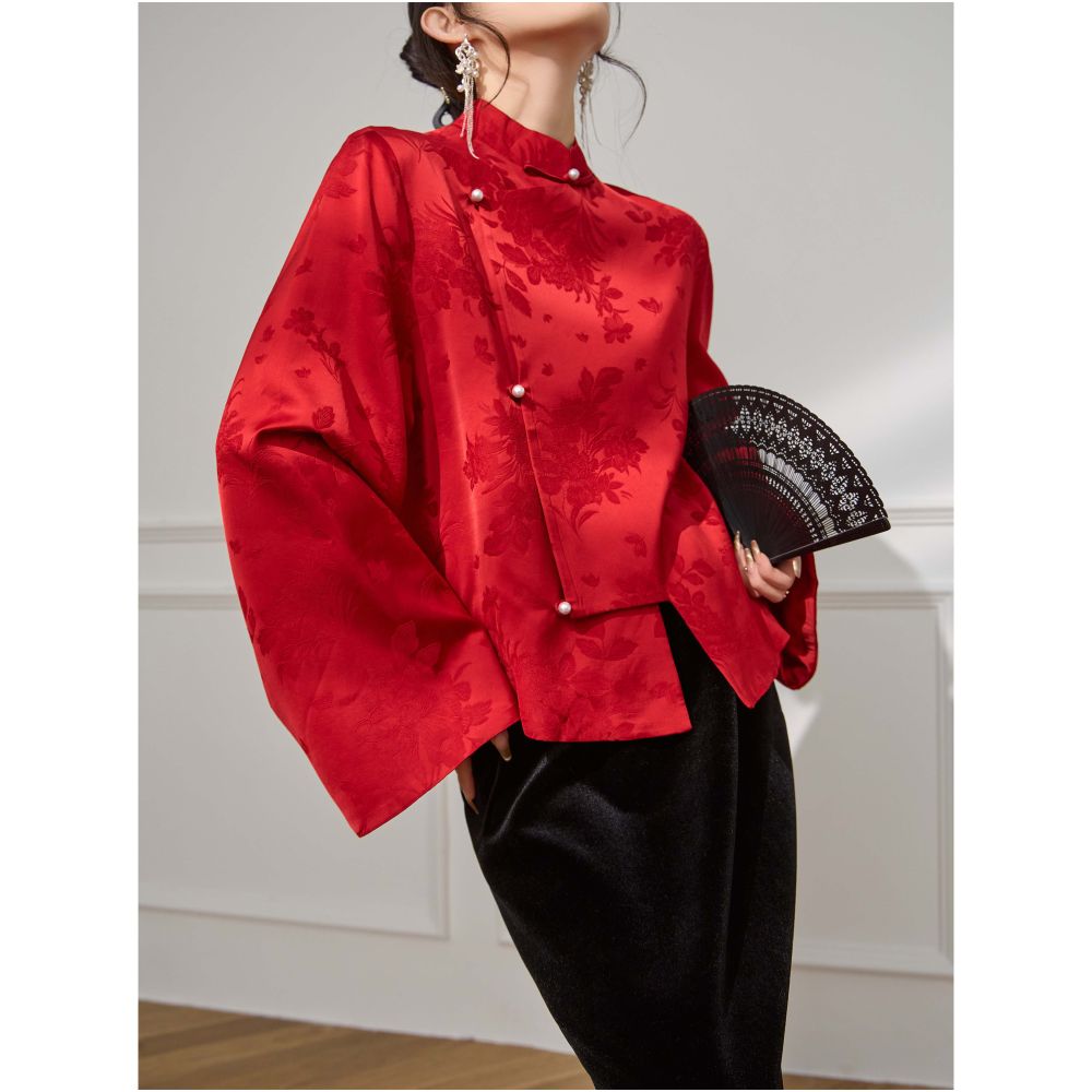 Plum Jan Unique and super beautiful red new Chinese style shirt women s engagement dress popular autumn and winter top image 5