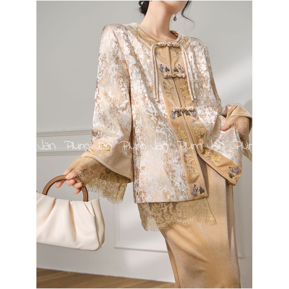 Plum Jan Early Autumn New Style Lace Hollow Splicing New Chinese Short Coat Half Skirt Set for Women image 11