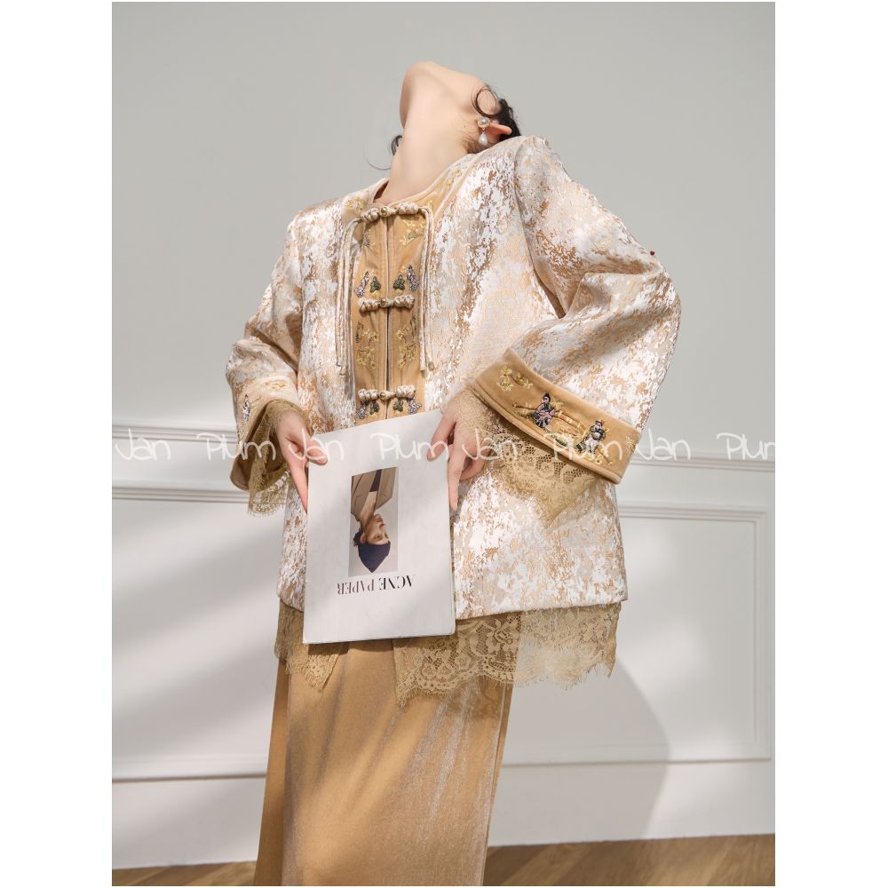 Plum Jan Early Autumn New Style Lace Hollow Splicing New Chinese Short Coat Half Skirt Set for Women image 12
