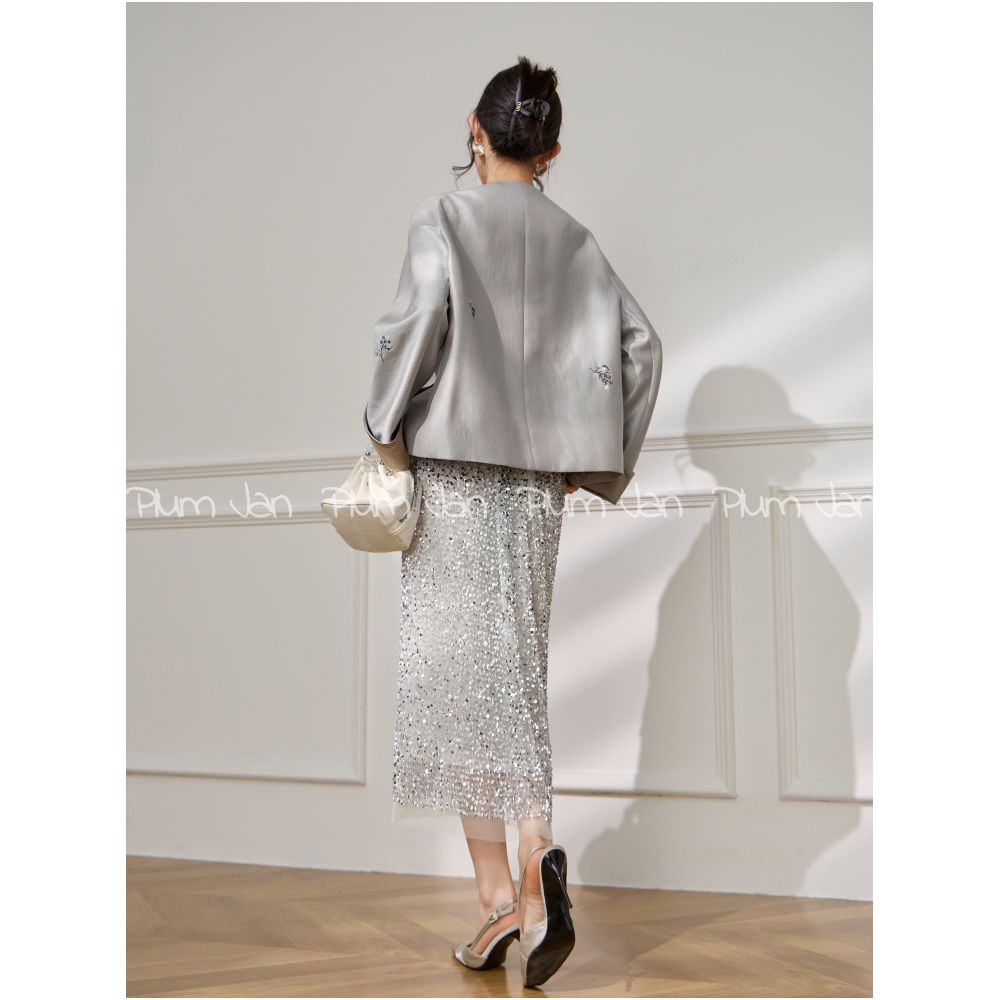 Plum Jan Fashionable Design New Chinese Coat Early Autumn Chinese Style Round Neck Nail Bead Heavy Industry Grey Top for Women image 3