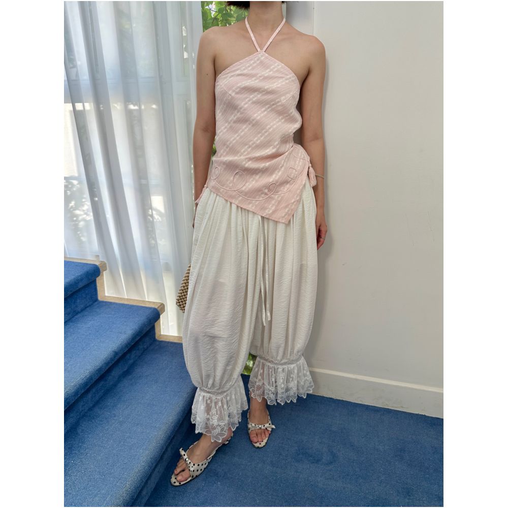 Fifth French design casual pants for women summer loose fit lace patchwork pleated cropped pants strolling lantern pants image 9