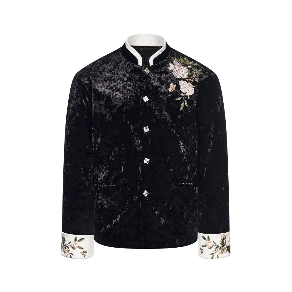 CNEW Chu Nian Er Wen New Chinese Style Peony Floral Embroidery Black Velvet Leather Collar Tang Suit Cotton padded Jacket for Men and Women image 9