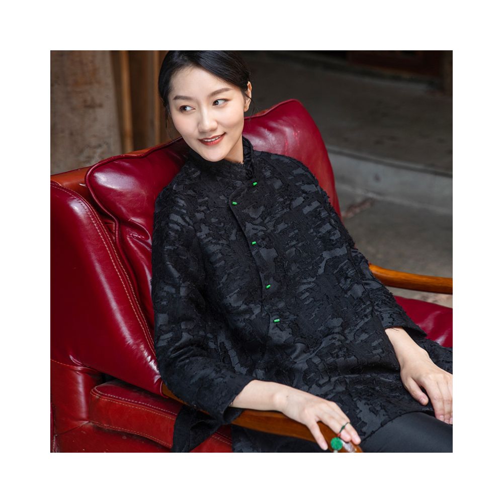 Phietang New Chinese style lace stand up collar retro jacquard A line version slimming slant collar jacket Tang style top for women image 13