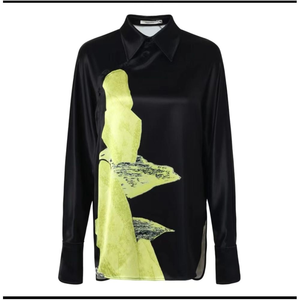 Same style Zhujia 2025 summer soft and smooth lightweight mulberry silk top with contrasting printed black silk shirt in the mall image 13