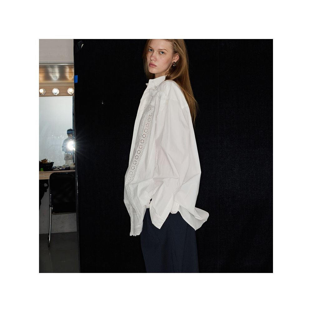 Polaroid Romantic Photos 24SS Madeira Openwork Embroidered Lace Trim Loose Cotton White Shirt for Men and Women image 7