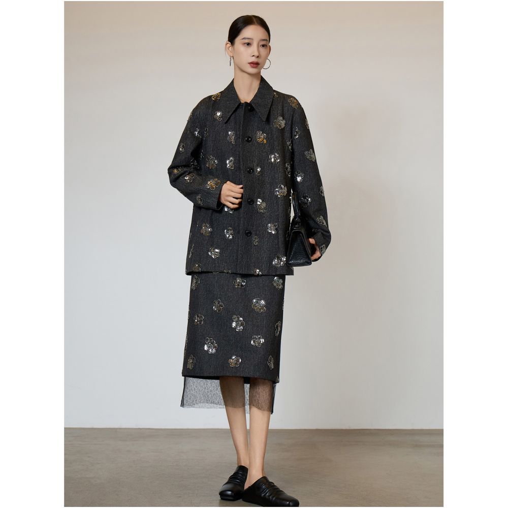 Heavy Industry High Intelligence Leisure Style Shining Denim Shirt Half Skirt Two piece Set for Women s Luxury 2025 Autumn and Winter New image 12