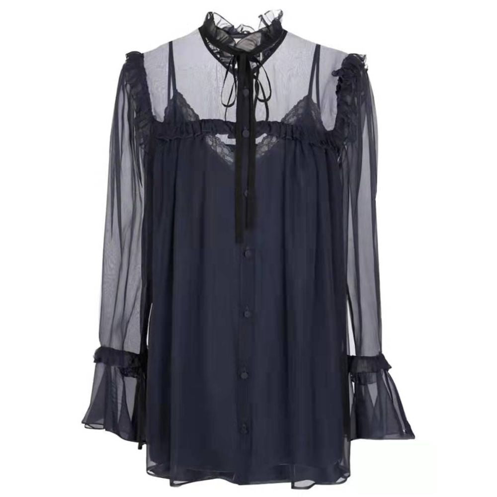 Han Suxi s black ruffled chiffon shirt with female design sense niche lace camisole two piece top set trendy image 3