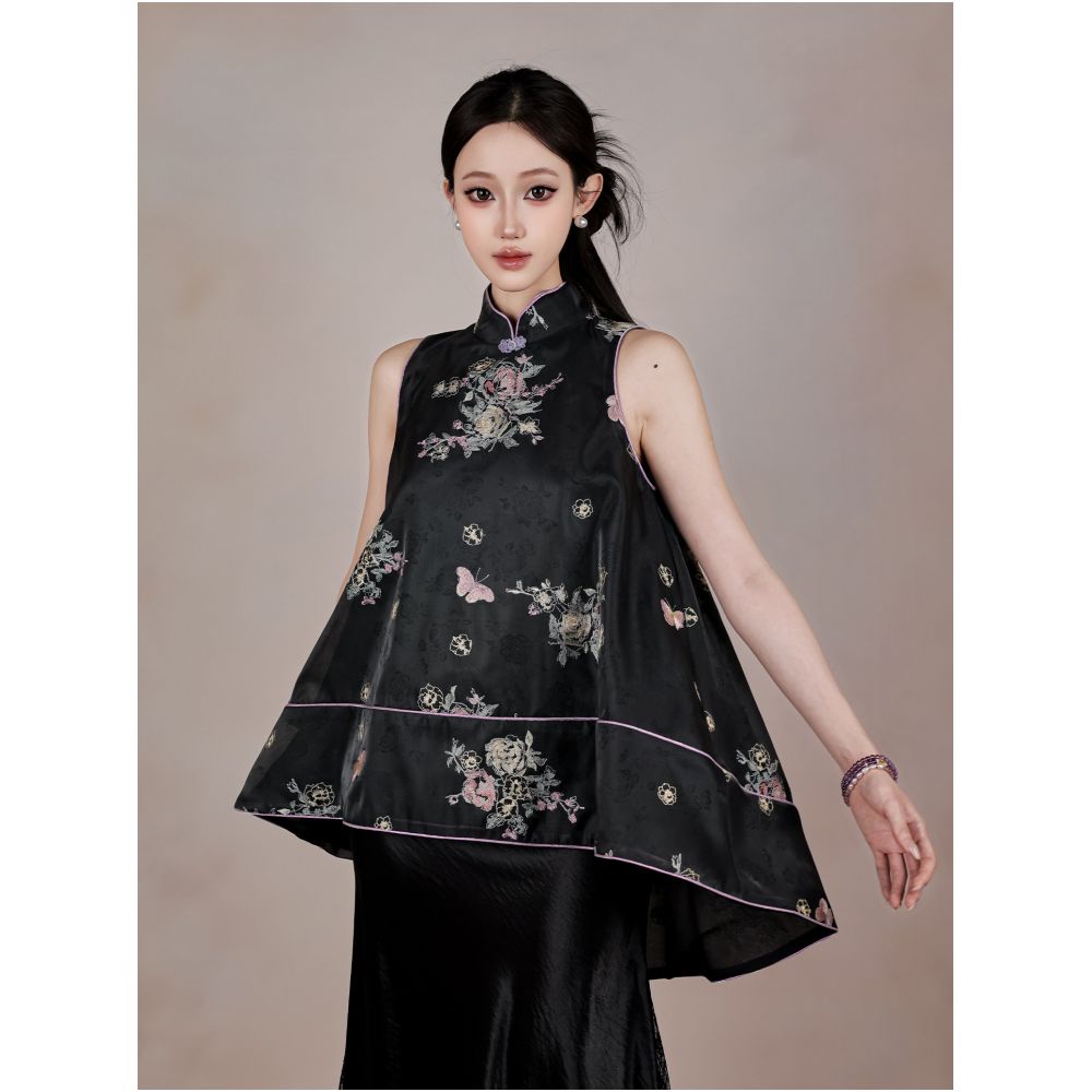 BYLU Lunar Eclipse Rose National Style New Chinese Jacquard Stand up Collar Sleeveless Shirt Vest Women s Summer Digging Shoulder Top image 3