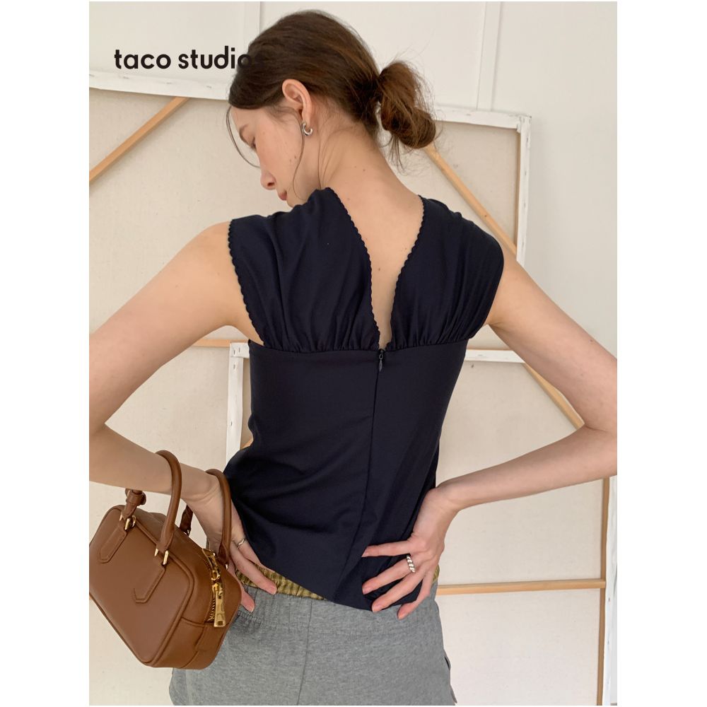 Taco Studios special embroidery lace craft French cotton cross design feeling slimming top image 4