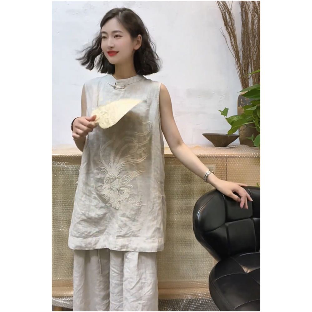 New Chinese style versatile sleeveless linen embroidered shirt European 2025 summer temperament casual mid length top image 4