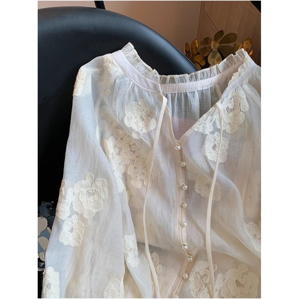 New Chinese style white lace patchwork round neck shirt for men and women in spring and summer with a niche design and loose sun protection cover image 4