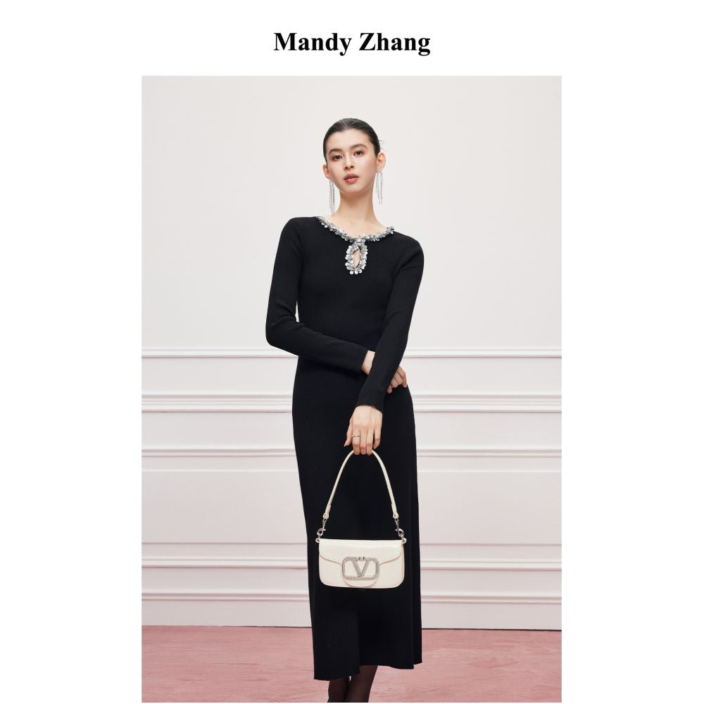 Mandy Zhang s Luxury Waterdrop Diamond Collar Wool Knitted Dress for Women s Autumn and Winter Design Elegant Black Long Dress image 4