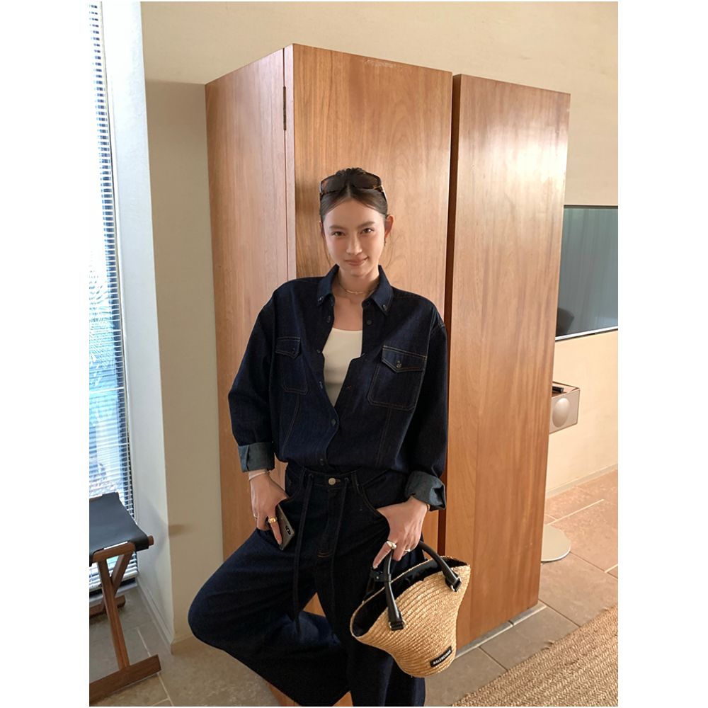 13C California Vibe Xinjiang Cotton Hemp Lazy Original Color Cowboy Shirt Straight Loose Pants Set image 4