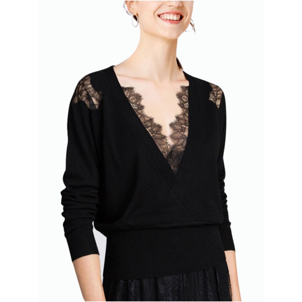 Black lace knitted sweater for women in autumn and winter 2025 new V neck base top niche thin sweater fashionable and versatile image 4