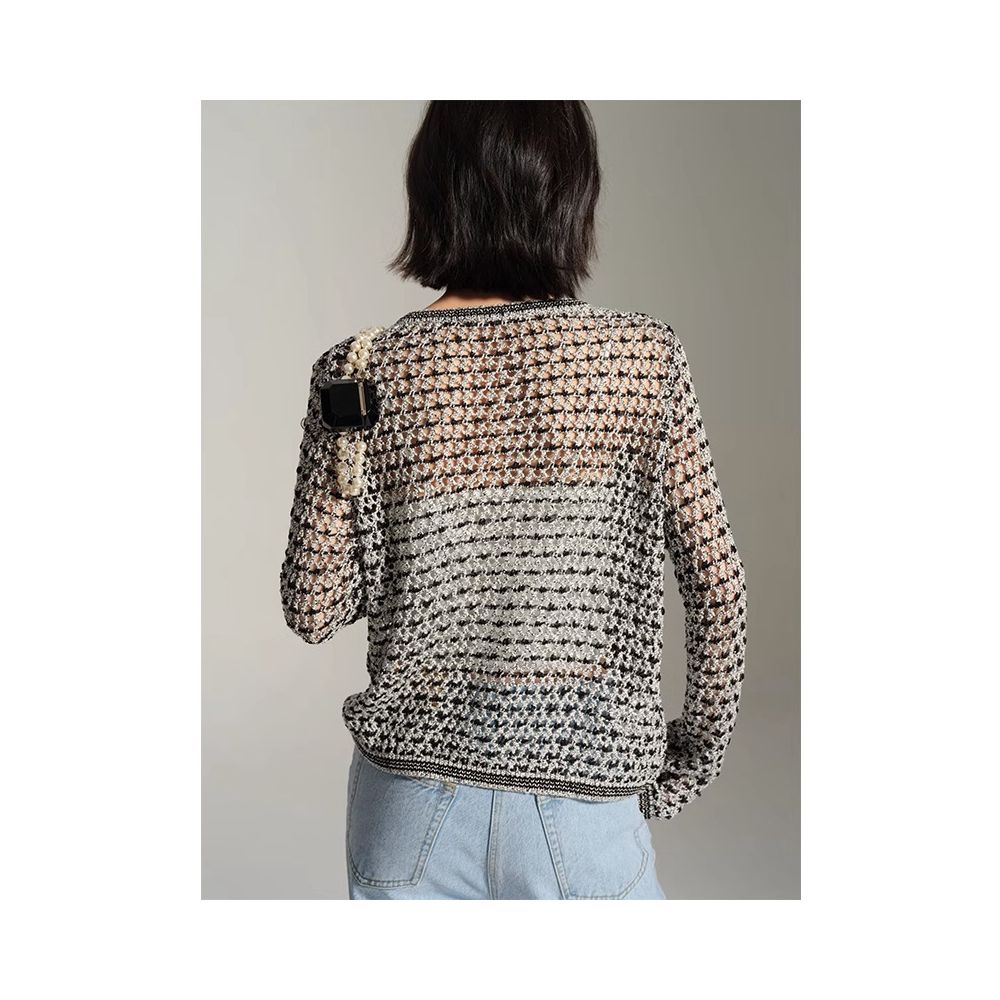 French retro light luxury exquisite small fragrance style hollowed out ice silk V neck long sleeved knitted sun protection cardigan top for women in summer image 4