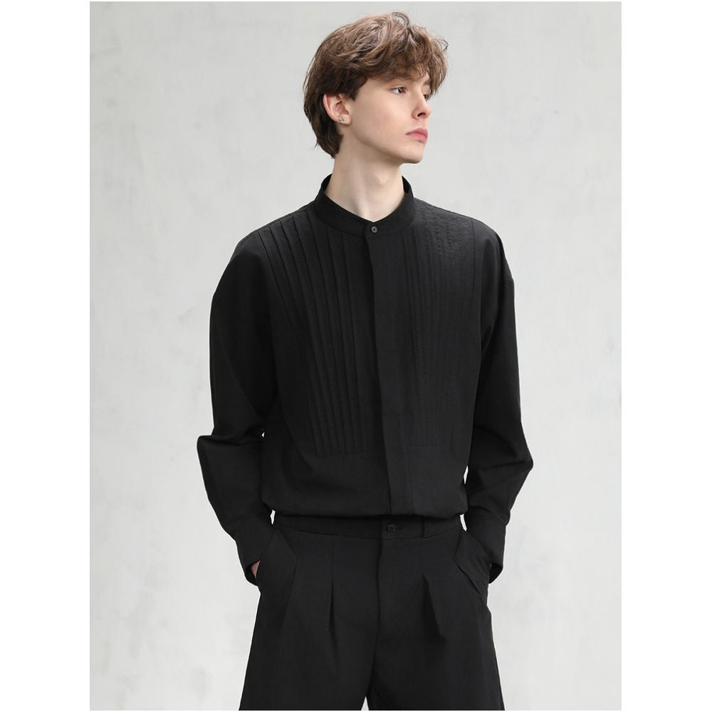 CAKUNTA Money Texture Tencel Cotton Henley Collar Shirt Palace Style pleated front hidden placket image 4