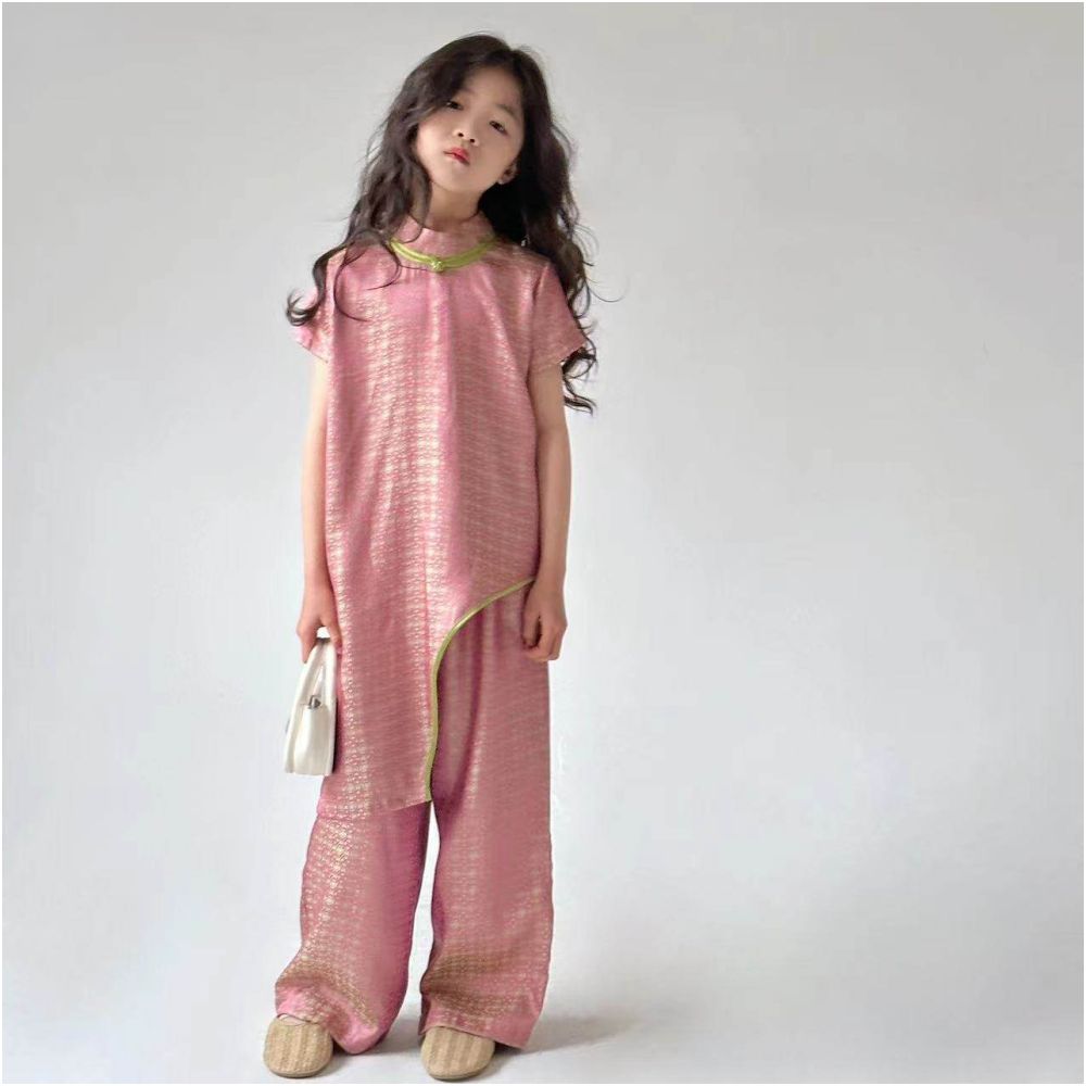 Internet celebrity explosion street Chinese style suit women s clothing 2025 new style new Chinese pink short sleeved shirt wide leg pants parent child outfit image 4