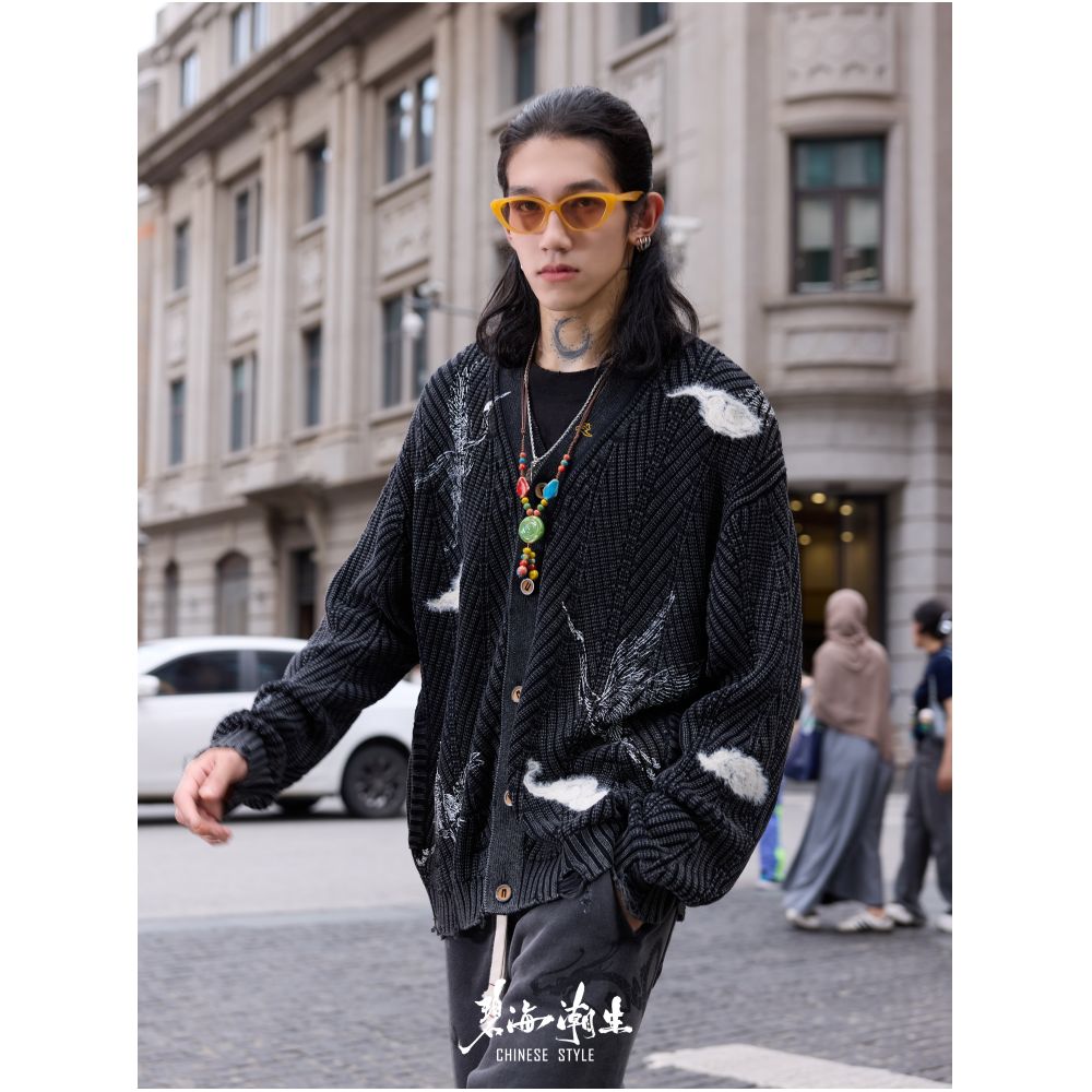 Blue sea tide cloud crane autumn and winter new Chinese style China Chic knitwear cardigan sweater coat men and women image 4