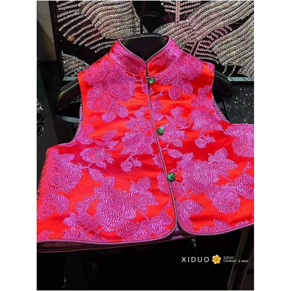 Customized children s clothing for girls autumn and winter new Chinese retro temperament cotton jacquard qipao Tang style qipao vest trendy parent child outfit image 3