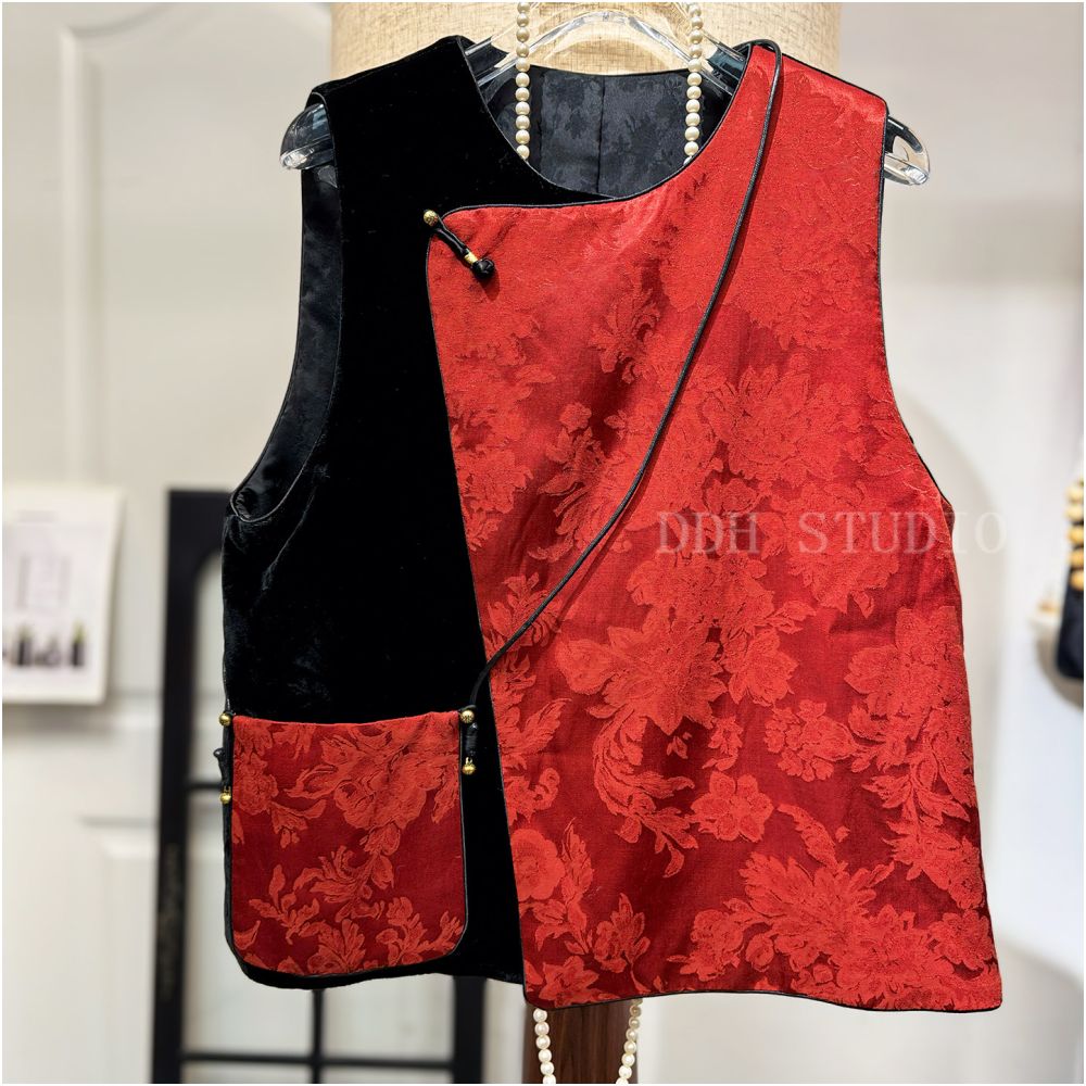 New Chinese style irregular diagonal placket thin cotton vest retro jacquard patchwork with detachable silk velvet crossbody bag winter style image 1