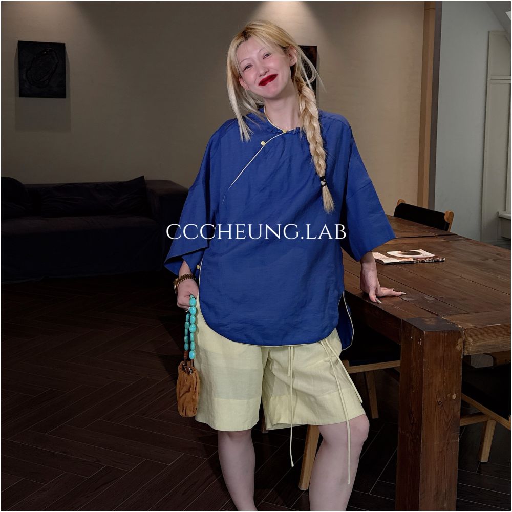 Xi Yi Xi Peach Blossom Fan New Chinese Style Set Women s Design Shirt Shorts Two Piece Set 5DB V8107 image 5