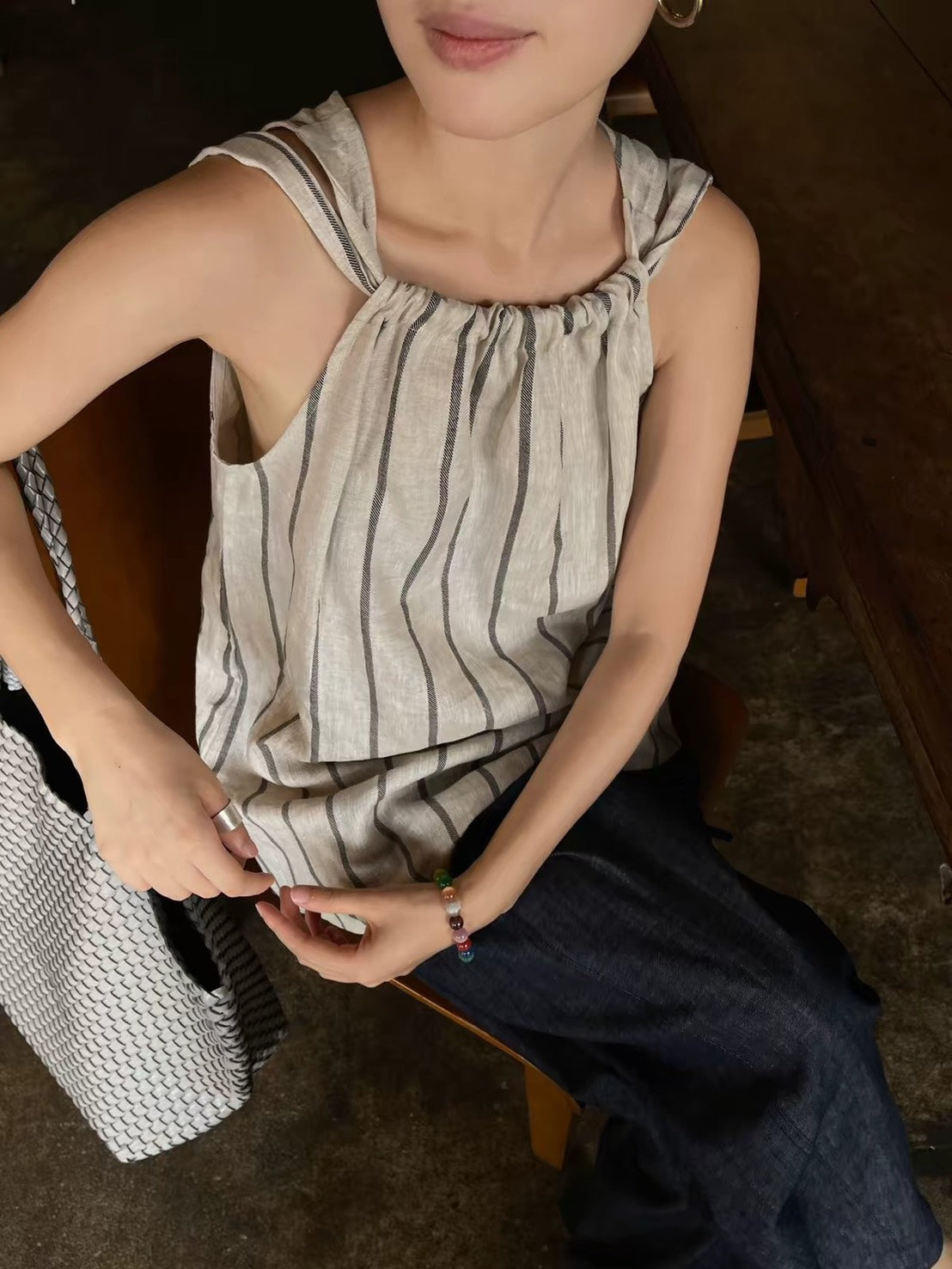 ASAYA7502 â Natural Stripe Gathered Top ðĪðŋ